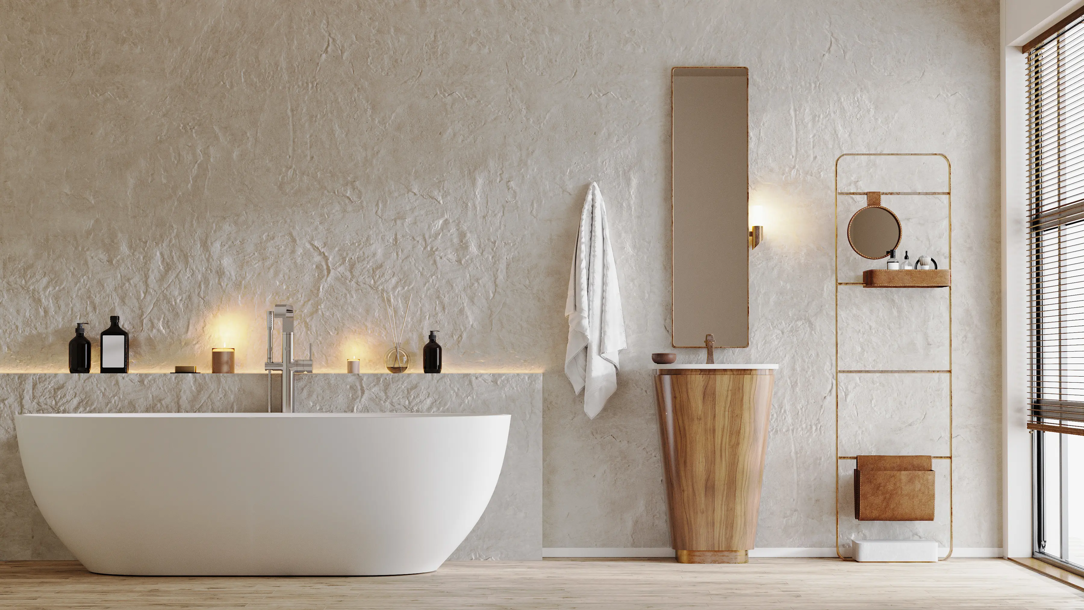 rénovation de salle de bain de luxe avec baignoire îlot blanche et mobilier en bois naturel
