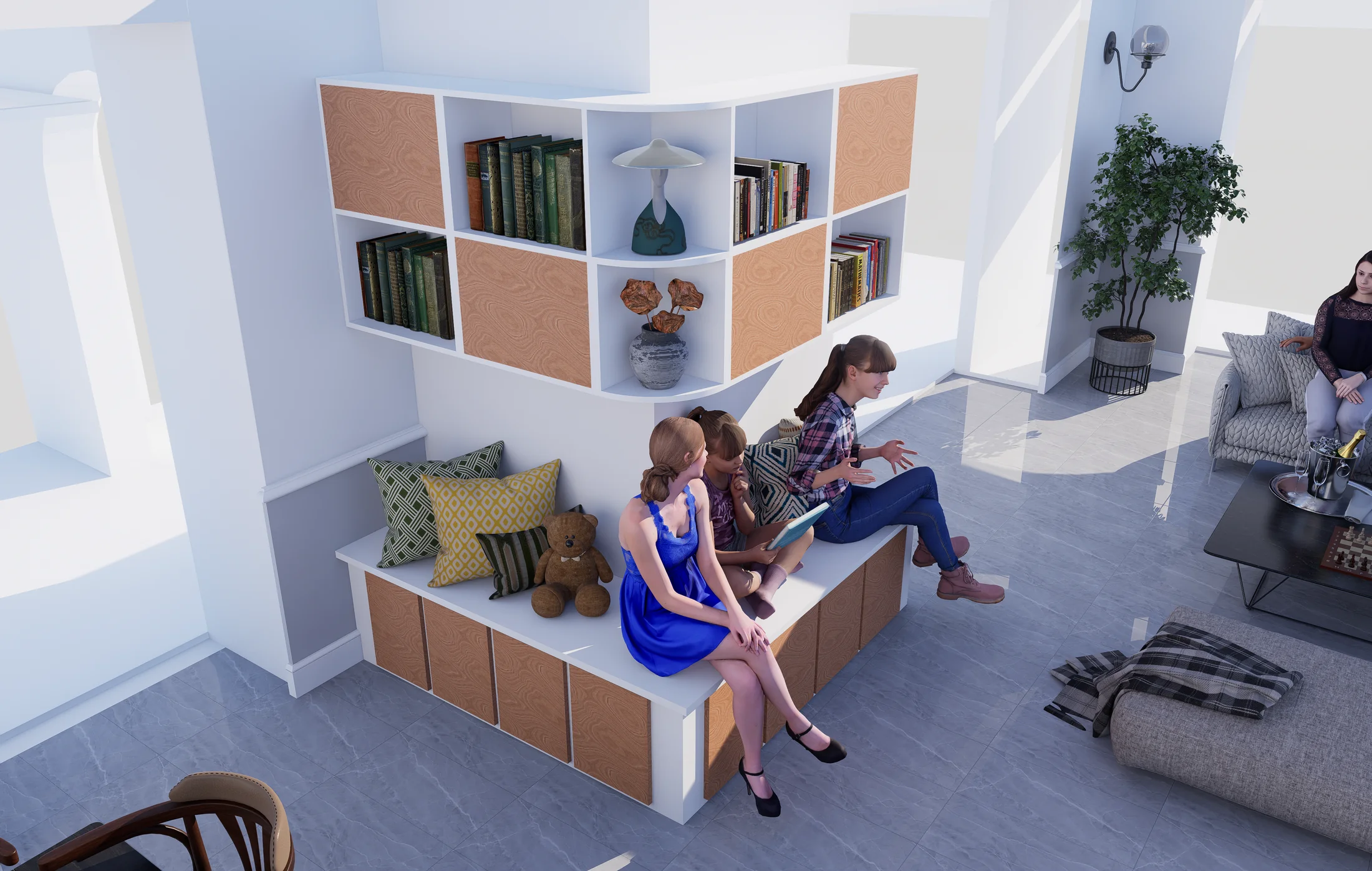 Niches de rangement et bibliothèque intégrée, salon