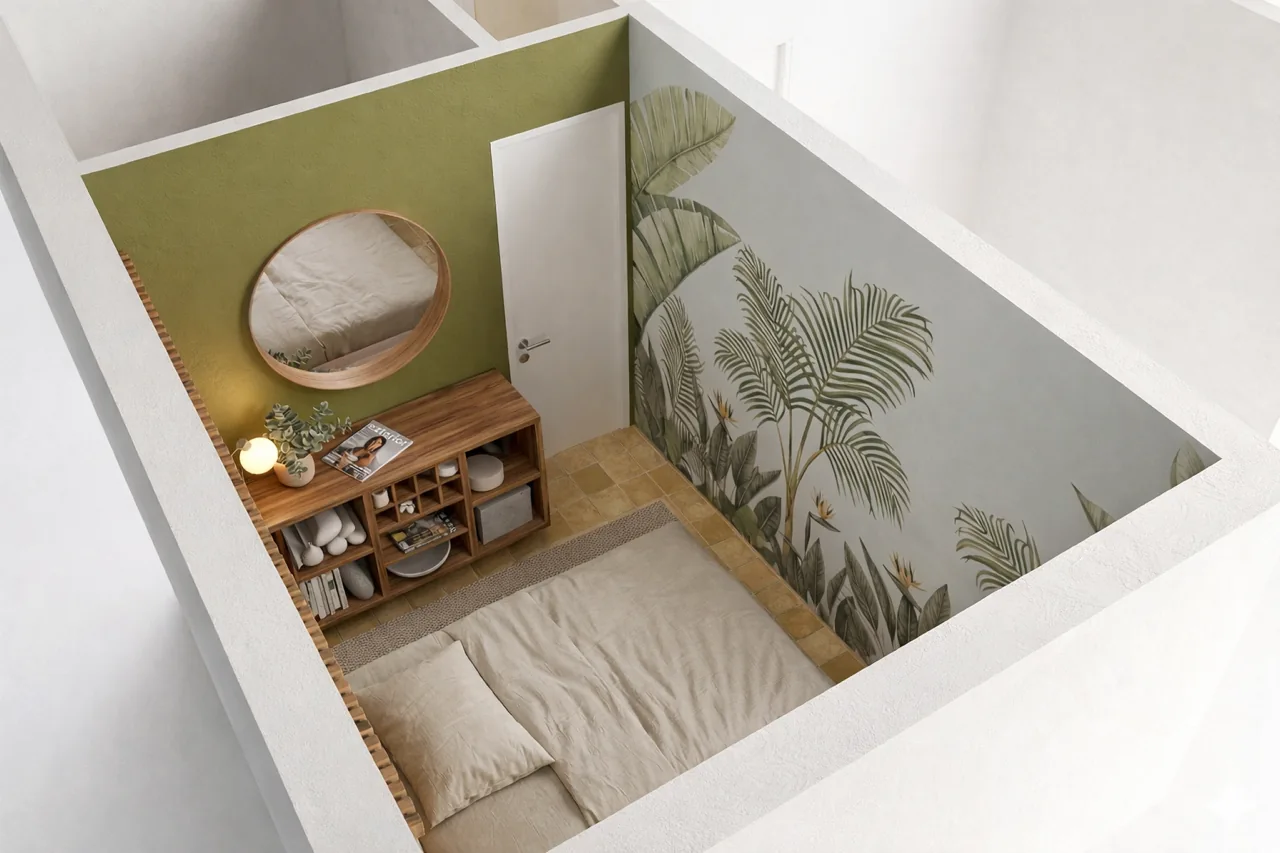 Vue de dessus en 3D d'une chambre master d'un T3 à Antibes, papier peint tropical et mur vert olive