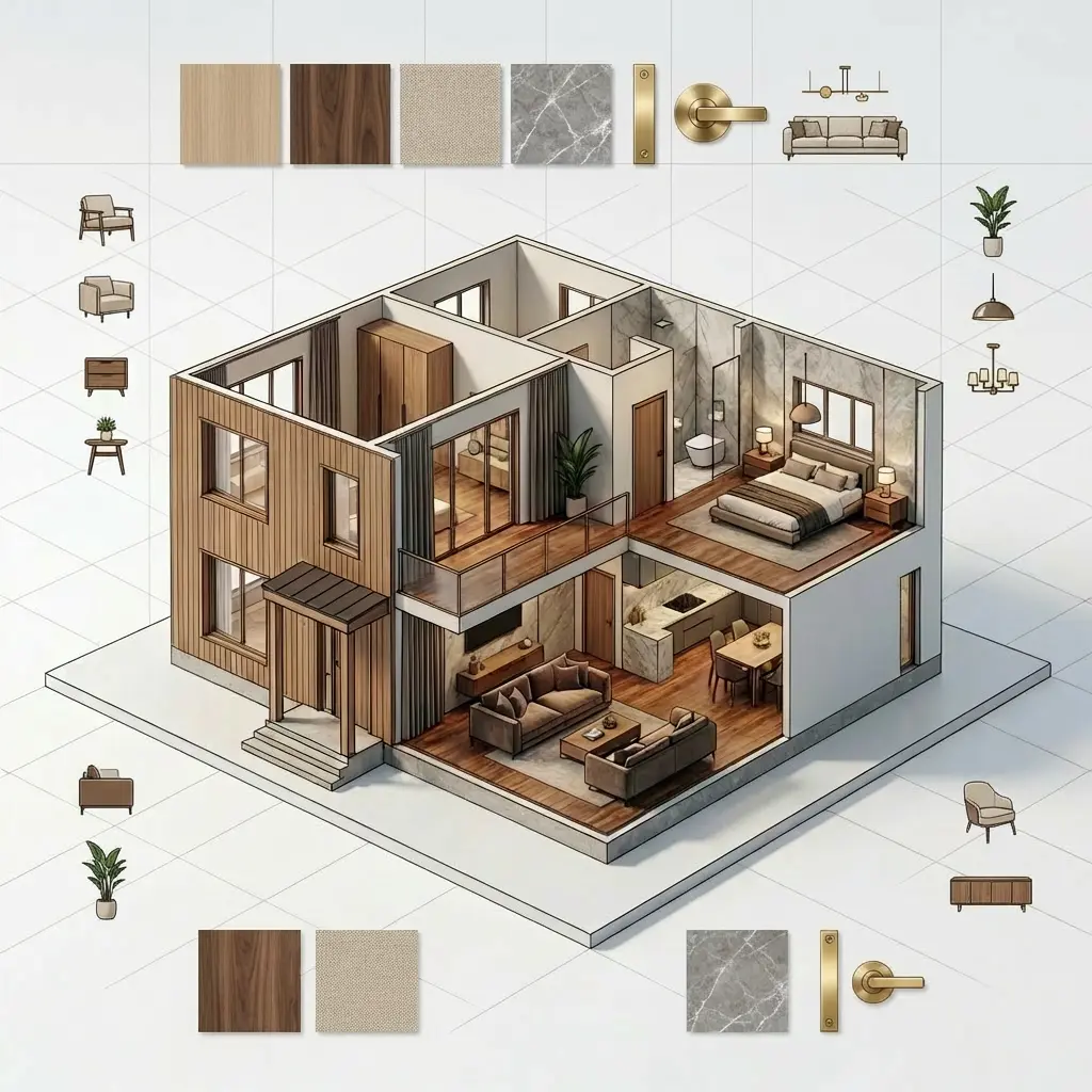 Planche de tendances incluant échantillons de bois, marbre et textiles autour d'une vue 3D éclatée pour la conception d'une villa moderne.