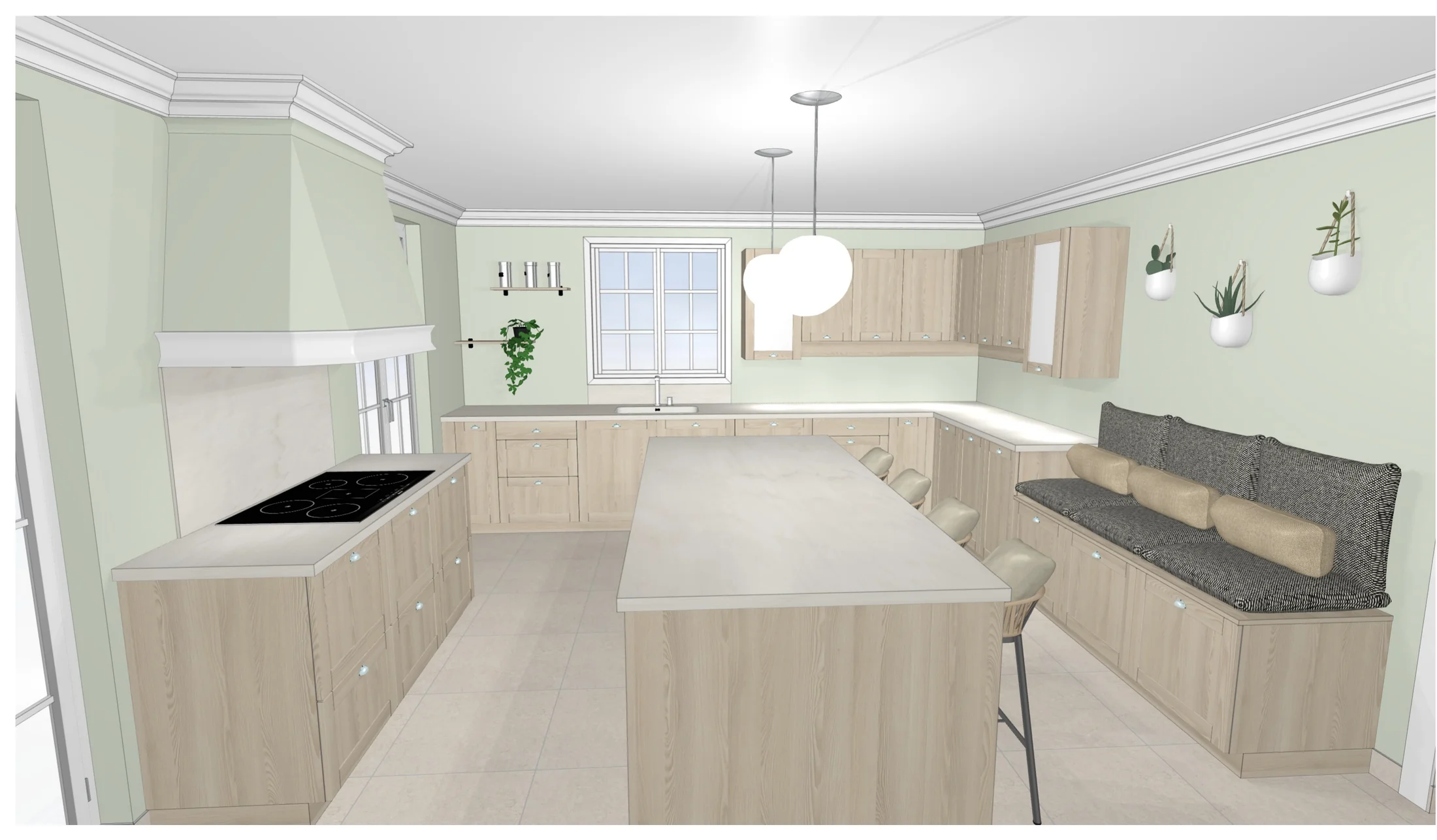 Banquette d'angle et hotte sur mesure, cuisine