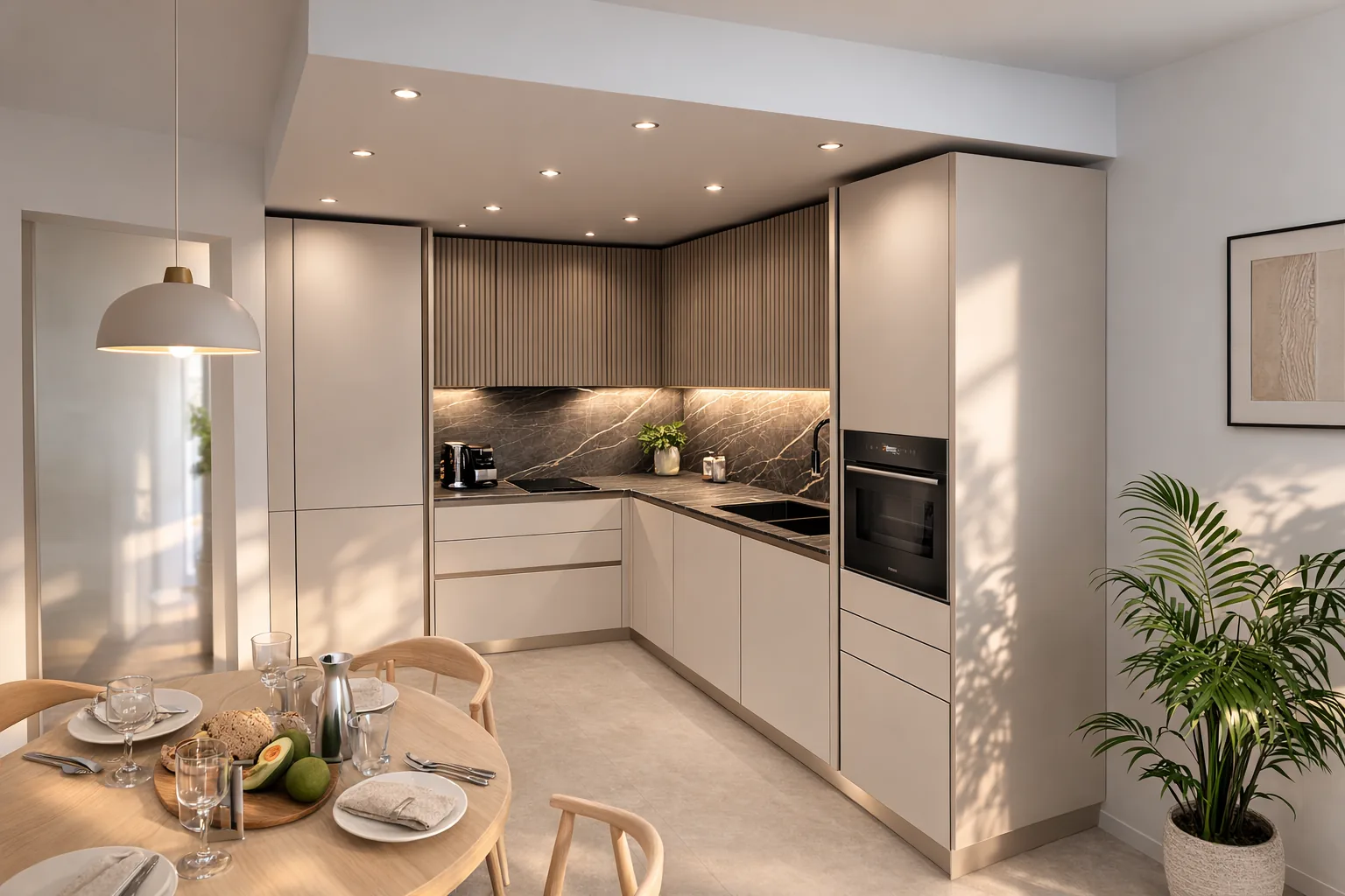 Cuisine en L beige avec crédence en marbre et façades hautes cannelées, ouverte sur la salle à manger d'un T3 à Antibes