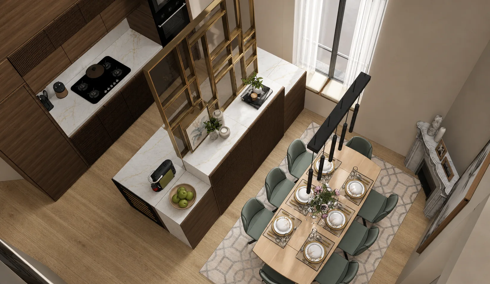 Projection 3D d'un séjour avec cuisine semi-ouverte derrière une verrière en laiton, dans un appartement T4 rénové à Nice