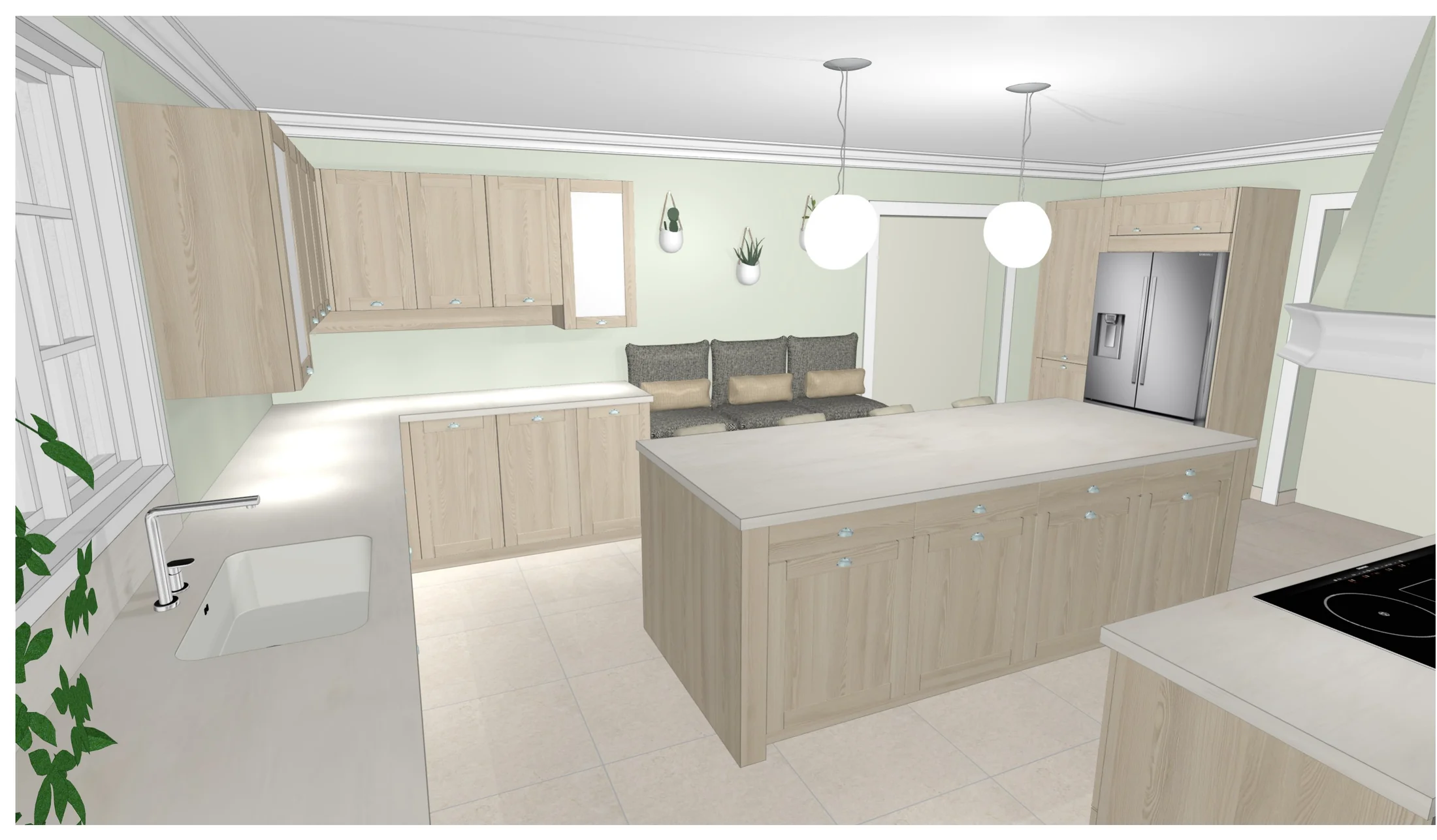 Cuisine ouverte sur le salon, banquette et rangements