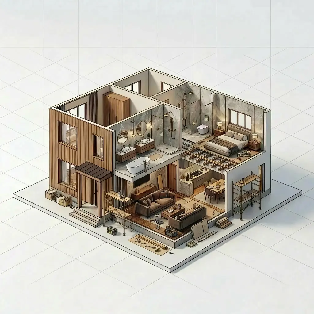 Vue 3D d'une maison en cours de travaux illustrant le pilotage de chantier et la coordination des artisans par un architecte d'intérieur.