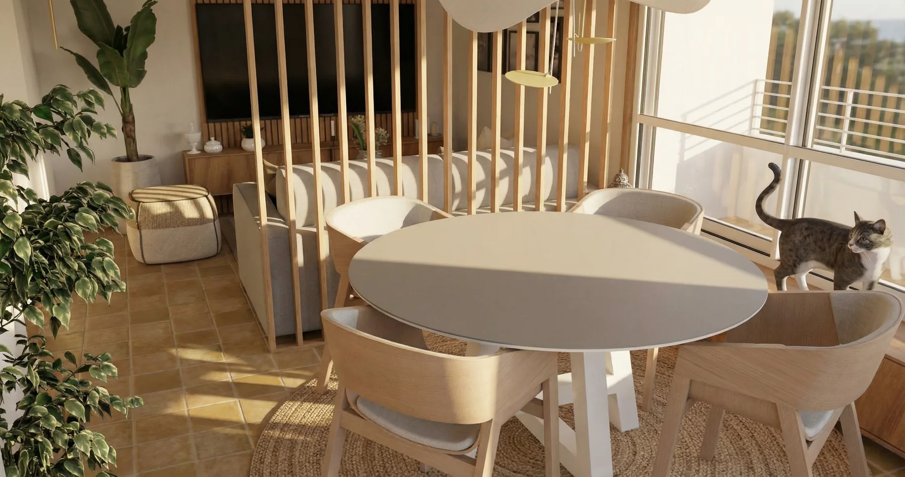 Projection 3D du séjour et de la salle à manger d'un T3 à Antibes, claustra en bois, table ronde et vue sur la terrasse