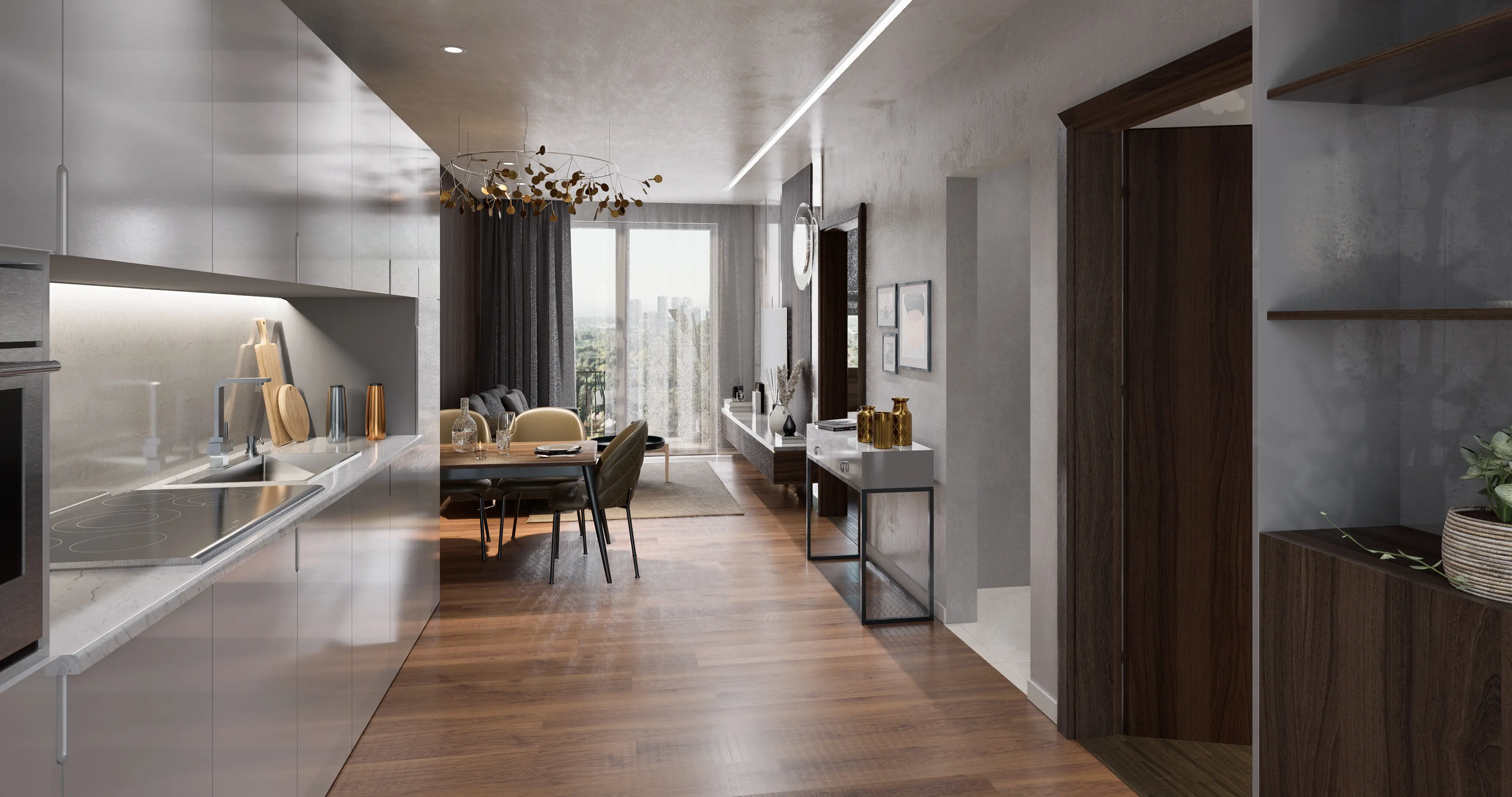 Modélisation 3D d’un appartement rénové avec cuisine ouverte sur salon et salle à manger moderne