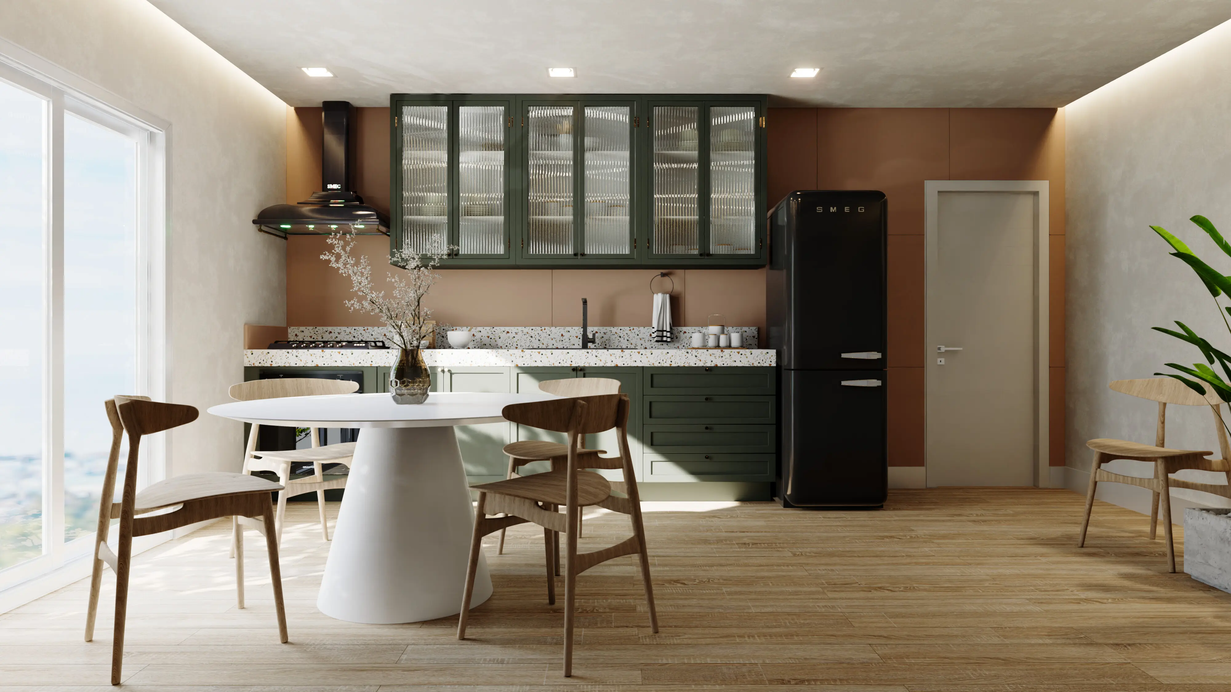 Modélisation 3D d’une cuisine moderne dans un projet de rénovation intérieure avec espace repas et mobilier contemporain