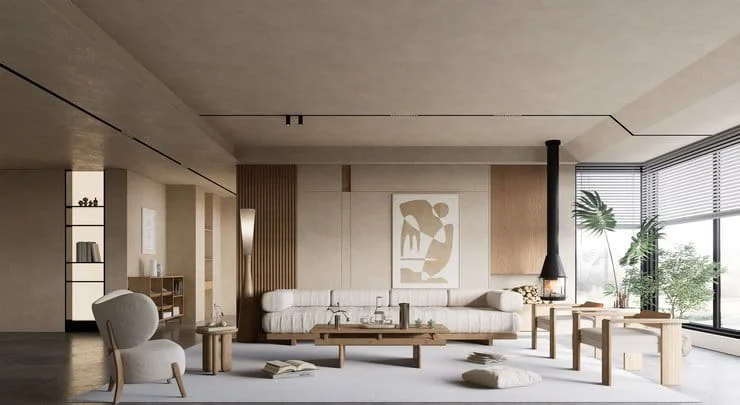 Modélisation 3D d’un salon contemporain avec grande baie vitrée et aménagement intérieur minimaliste pour projet de rénovation