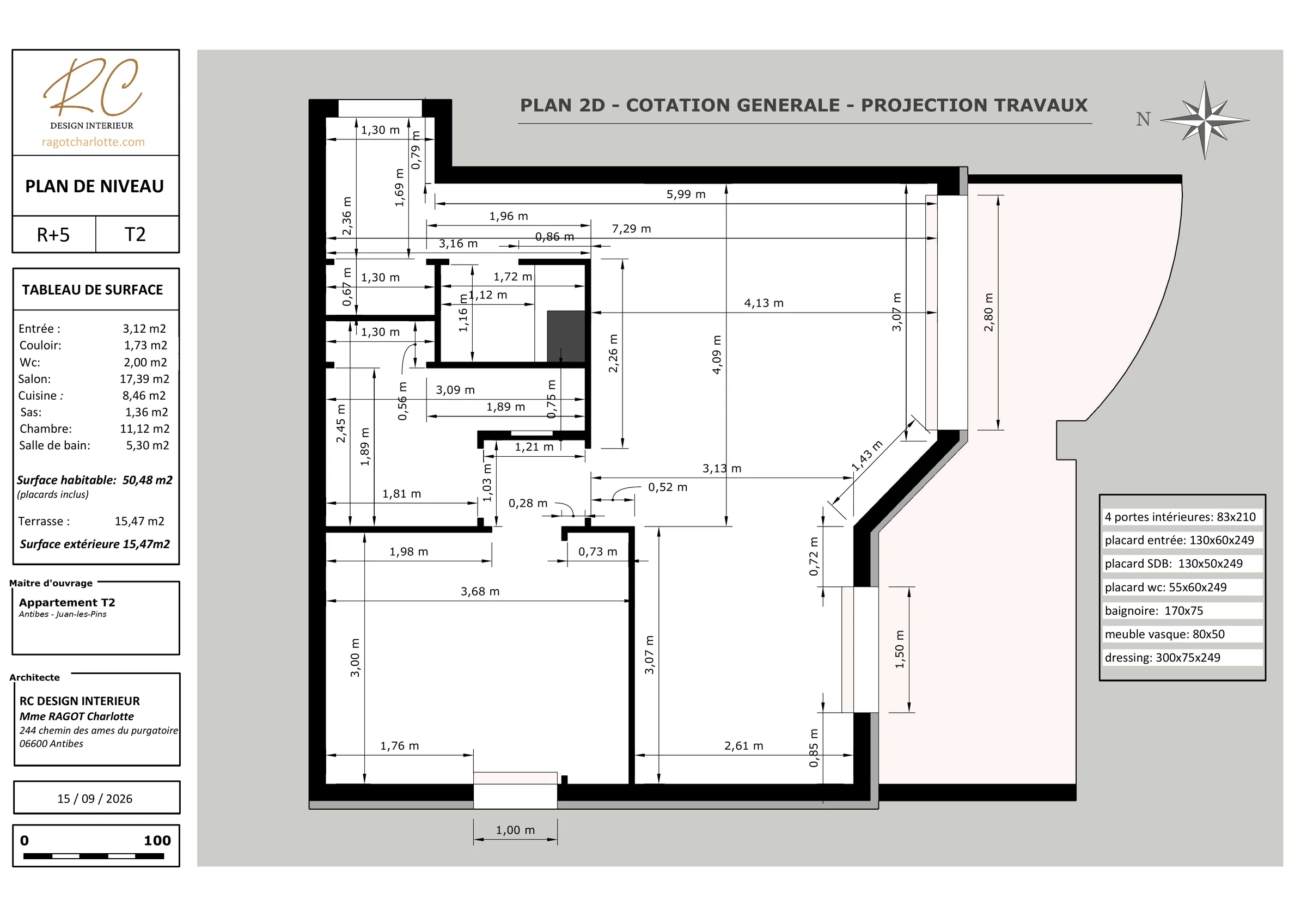 Plan 2D de cotations générales de la projection travaux, T2 à Antibes