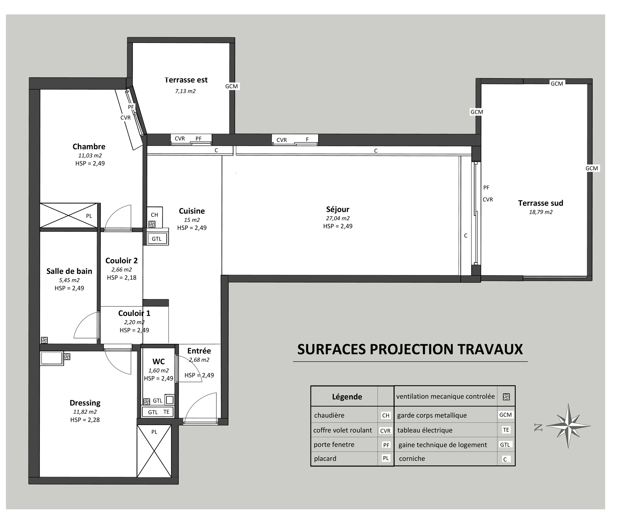Plan 2D de projection travaux d'un T3 à Mandelieu-la-Napoule, cuisine agrandie et ouverte sur le séjour