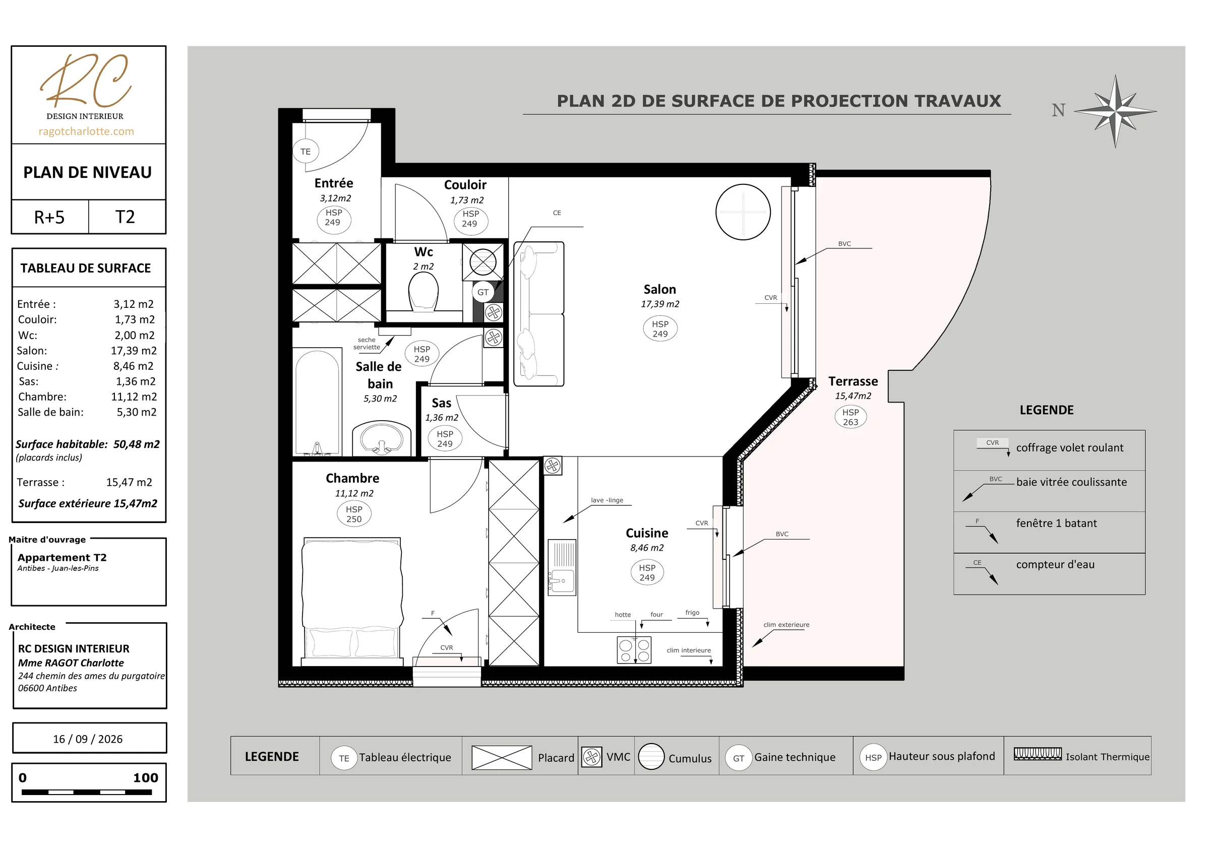 Plan 2D de surface de la projection travaux, T2 à Antibes