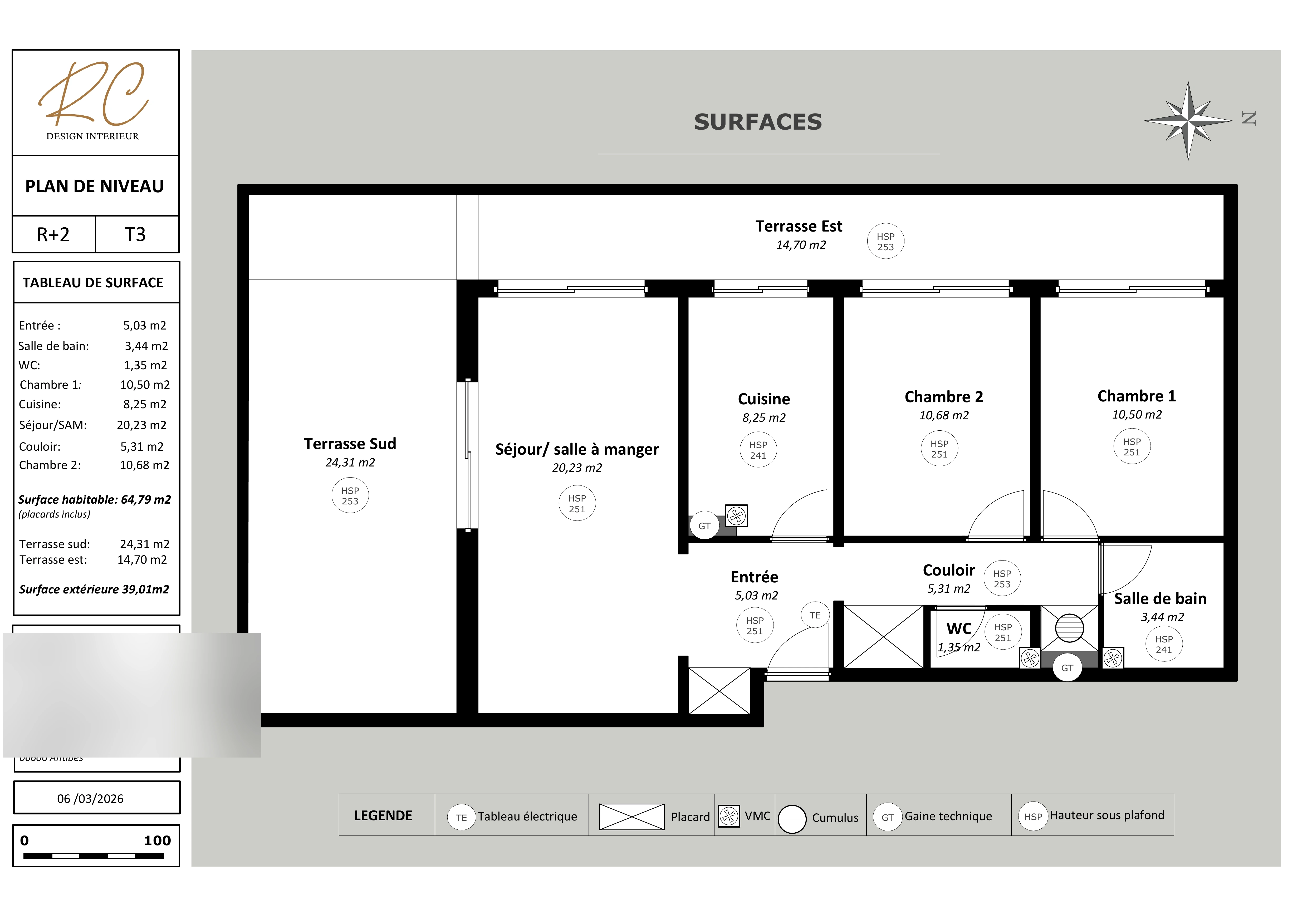 Plan 2D coté avec tableau des surfaces d’un appartement à Antibes réalisé après relevé laser 3D pour projet de rénovation