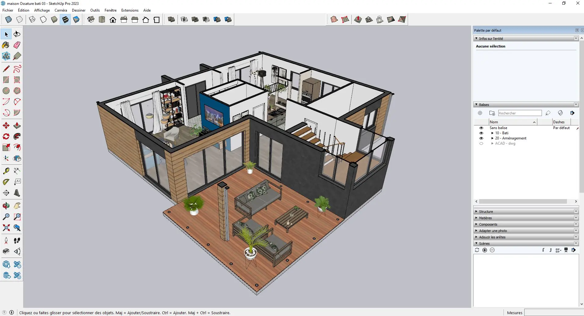 Plan 3D d’une maison ossature bois réalisé sur SketchUp avec aménagement intérieur et terrasse extérieure pour projet architectural