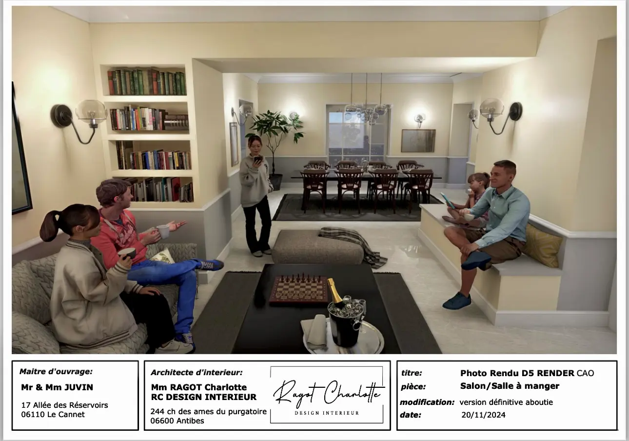 Projection 3D d’un projet de rénovation de salon et salle à manger réalisée par un architecte d’intérieur