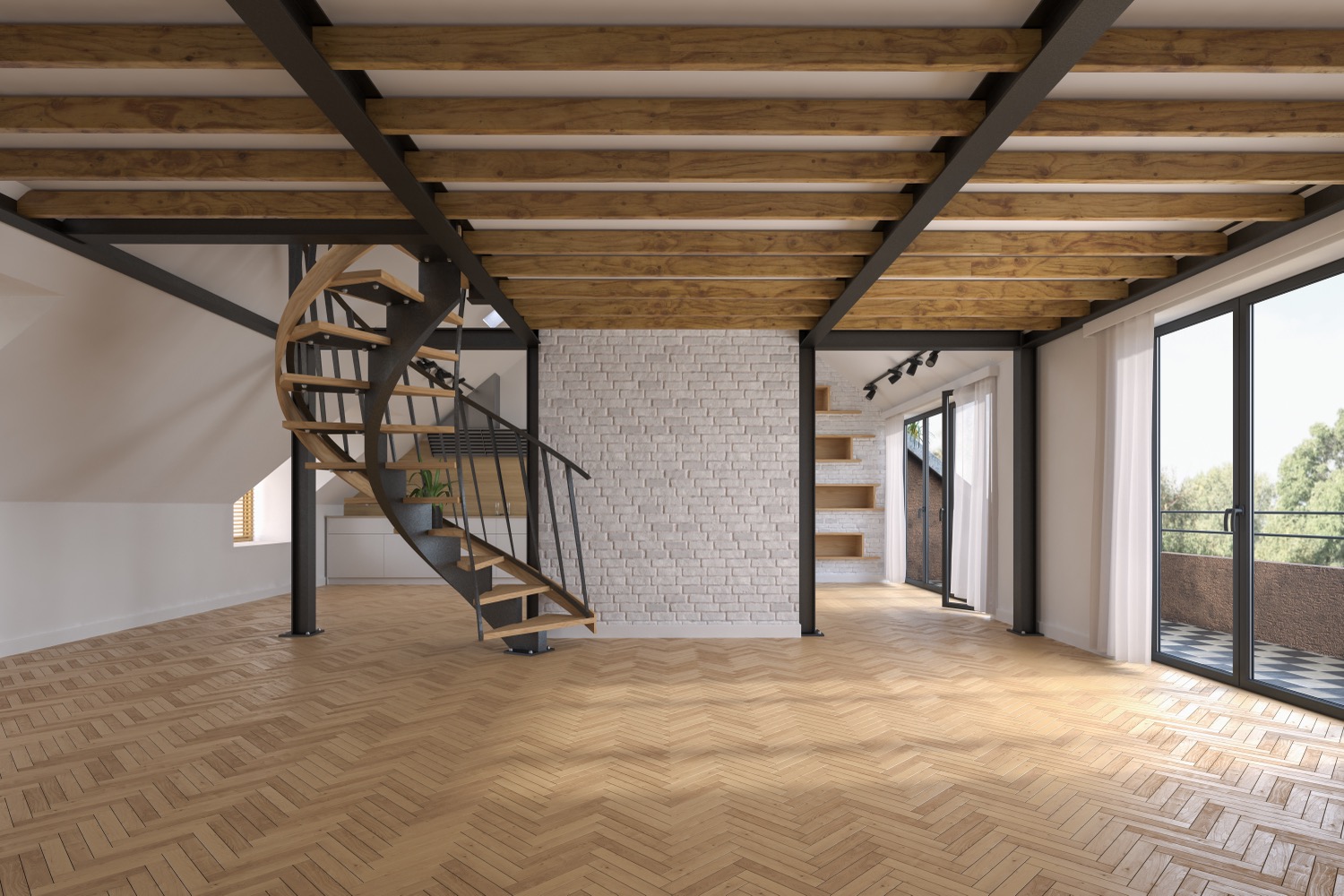 Loft renové avec parquet et stucture type industrielle 