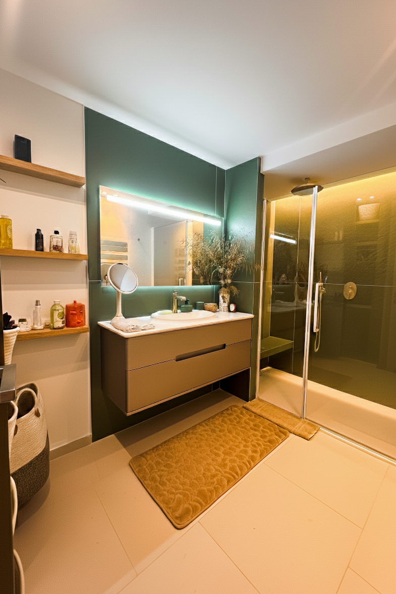 Salle de bain chic Antibes – meuble champagne, carrelage vert et robinetterie dorée