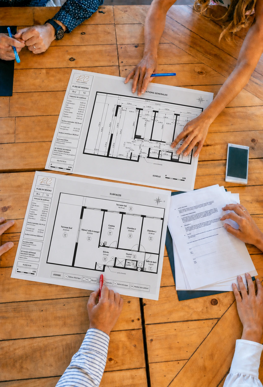 Plans 2D cotés RC Design Intérieur étudiés autour d'une table