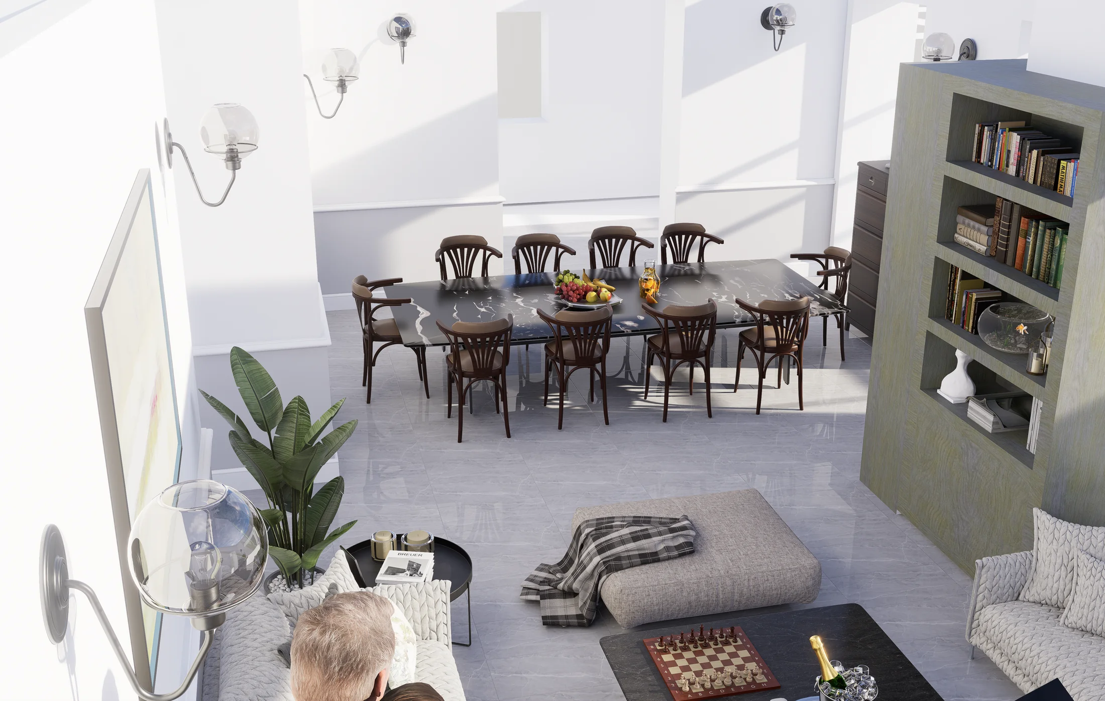 Salle à manger avec bibliothèque en béton cellulaire, maison au Cannet