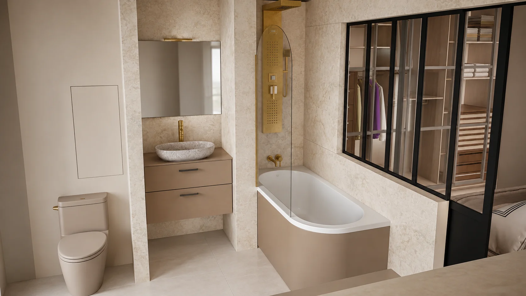 Salle de bain avec baignoire arrondie, meuble vasque et robinetterie dorée
