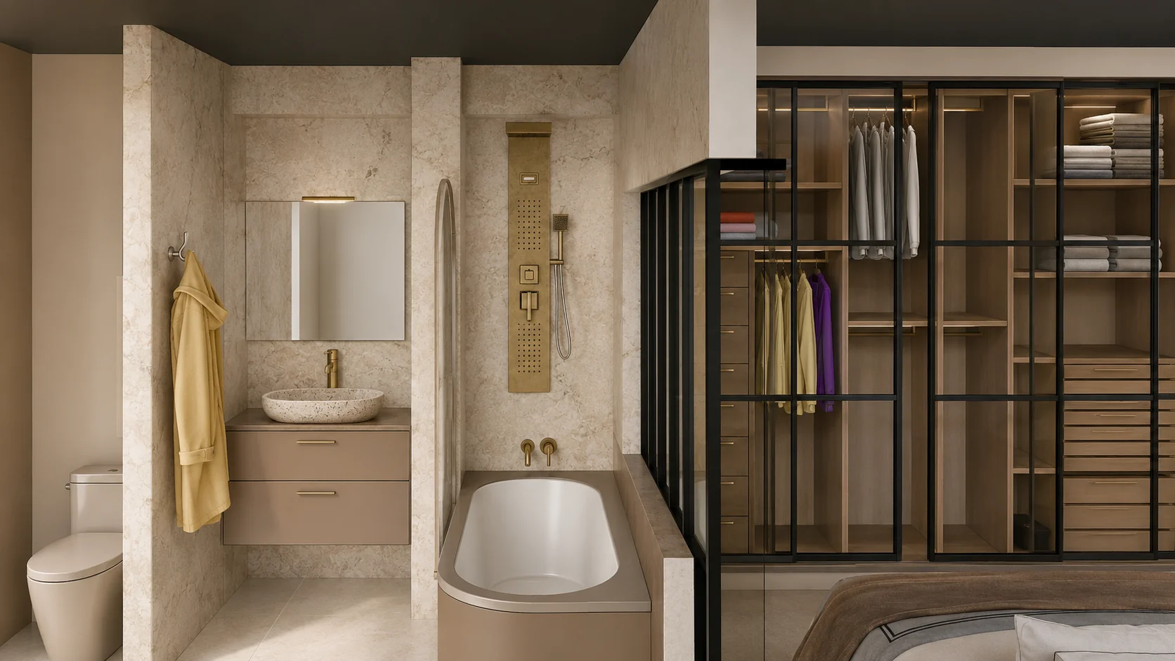 Salle de bain ouverte sur la chambre par une verrière, baignoire et vasque
