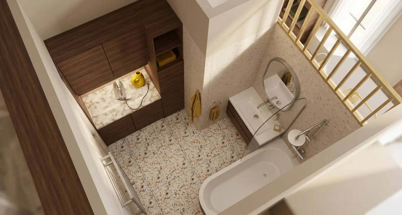 Vue de dessus en 3D des deux salles de bain créées dans un T4 à Nice, terrazzo et baignoire