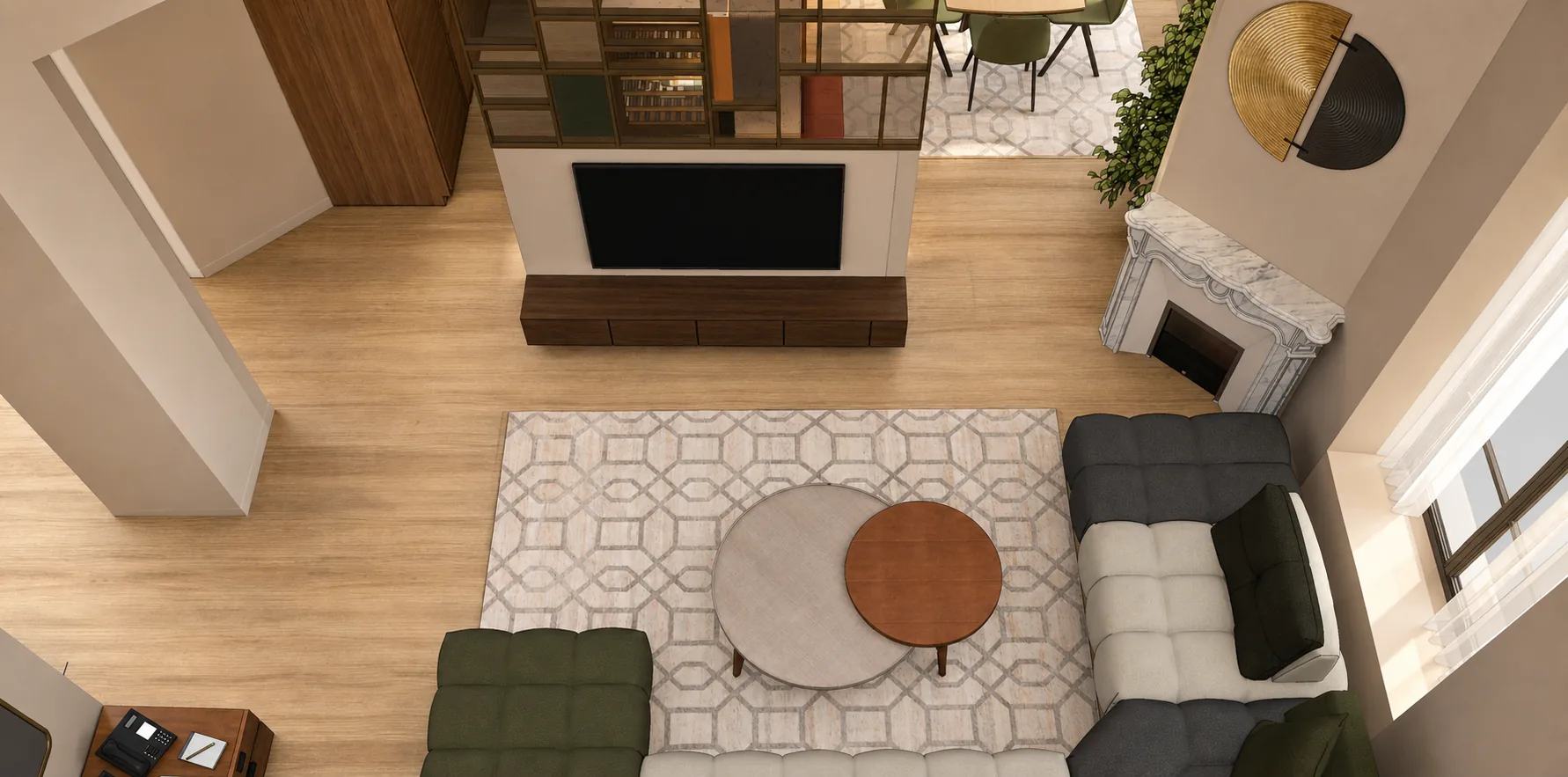 Vue de dessus en 3D du salon d'un T4 à Nice, avec cheminée en marbre conservée et séparation ajourée vers la cuisine