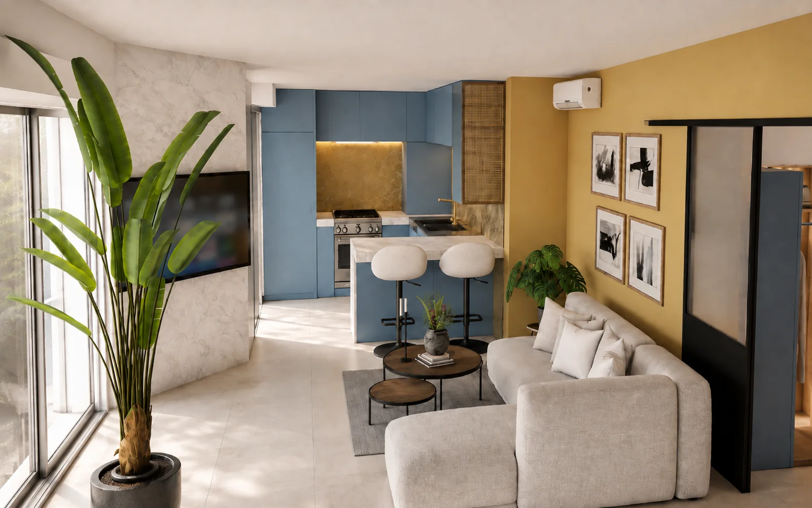 Séjour et cuisine ouverte d'un T2 à Juan-les-Pins, projection 3D