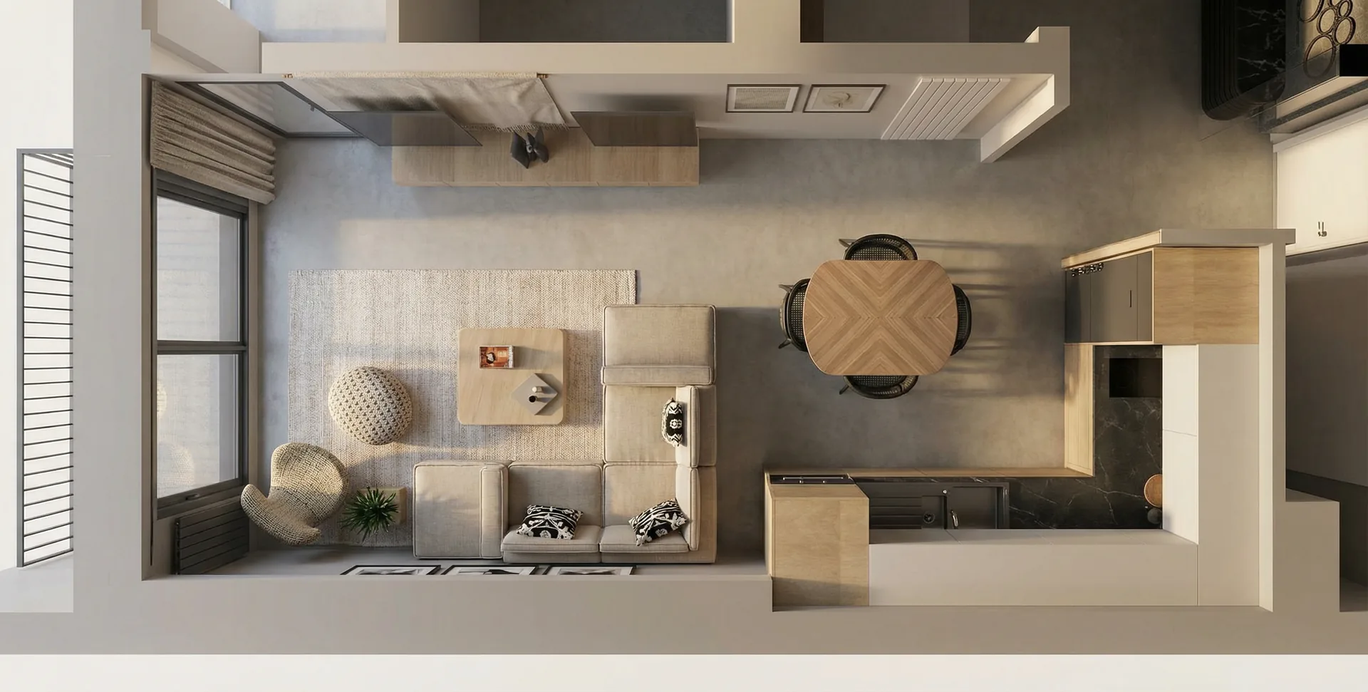 Vue de dessus en 3D du séjour et de la cuisine ouverte d'un T3 à Antibes, table ronde et canapé d'angle