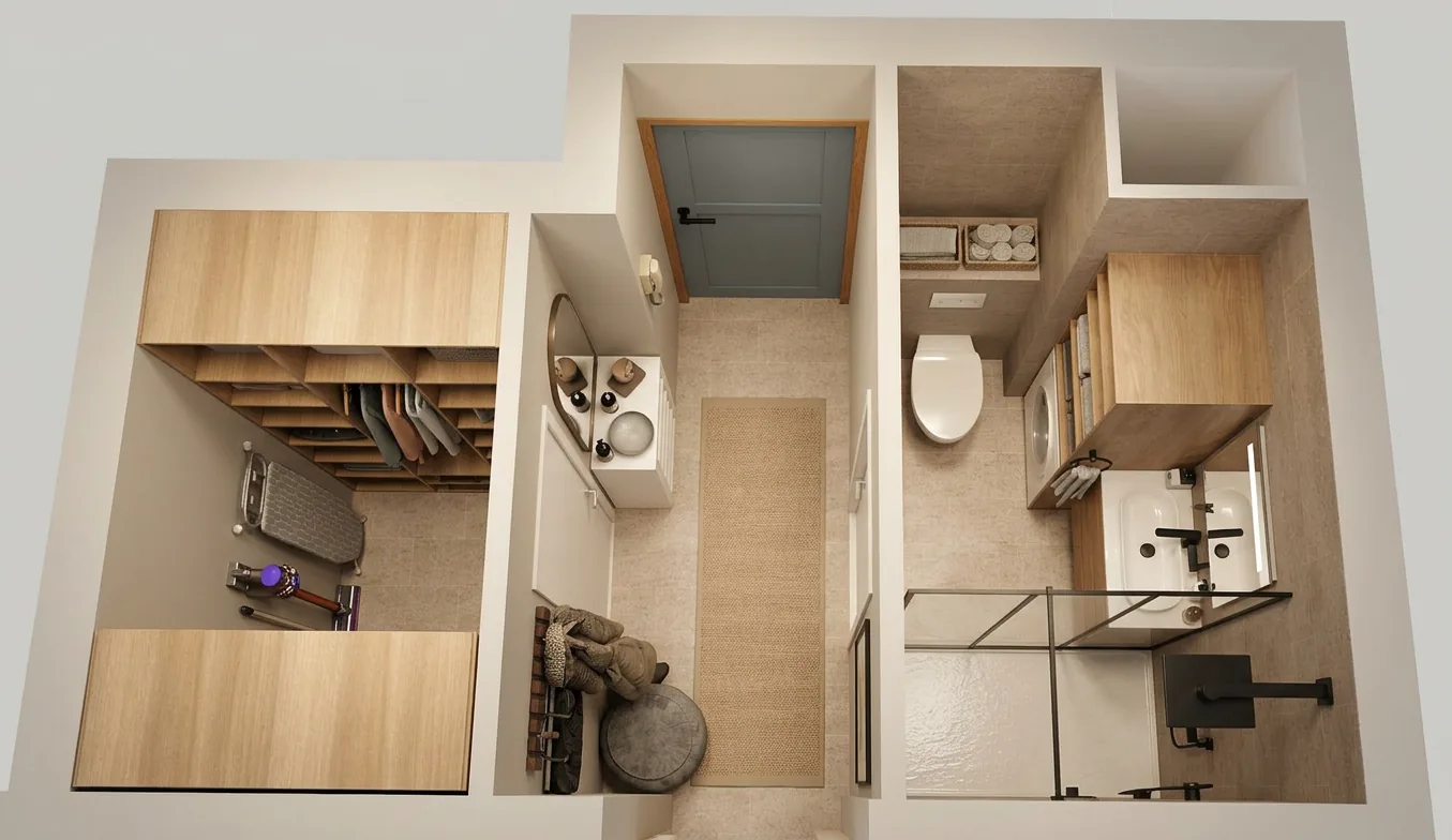 Vue de dessus en 3D du dressing, de l'entrée et de la salle de bain d'un studio à Nice Cimiez