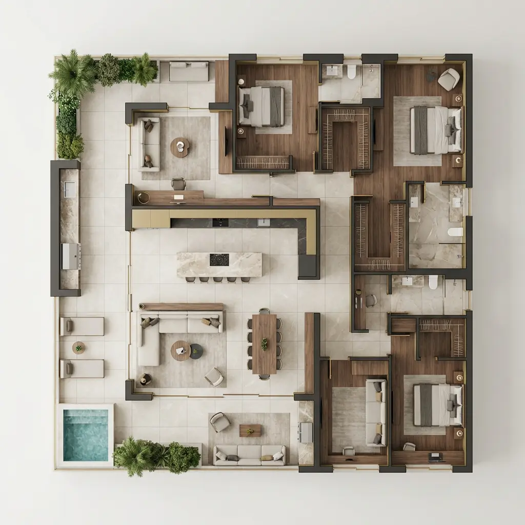 Vue de dessus d'un plan d'aménagement intérieur complet pour un projet de rénovation premium avec salon, cuisine ouverte et suites parentales.