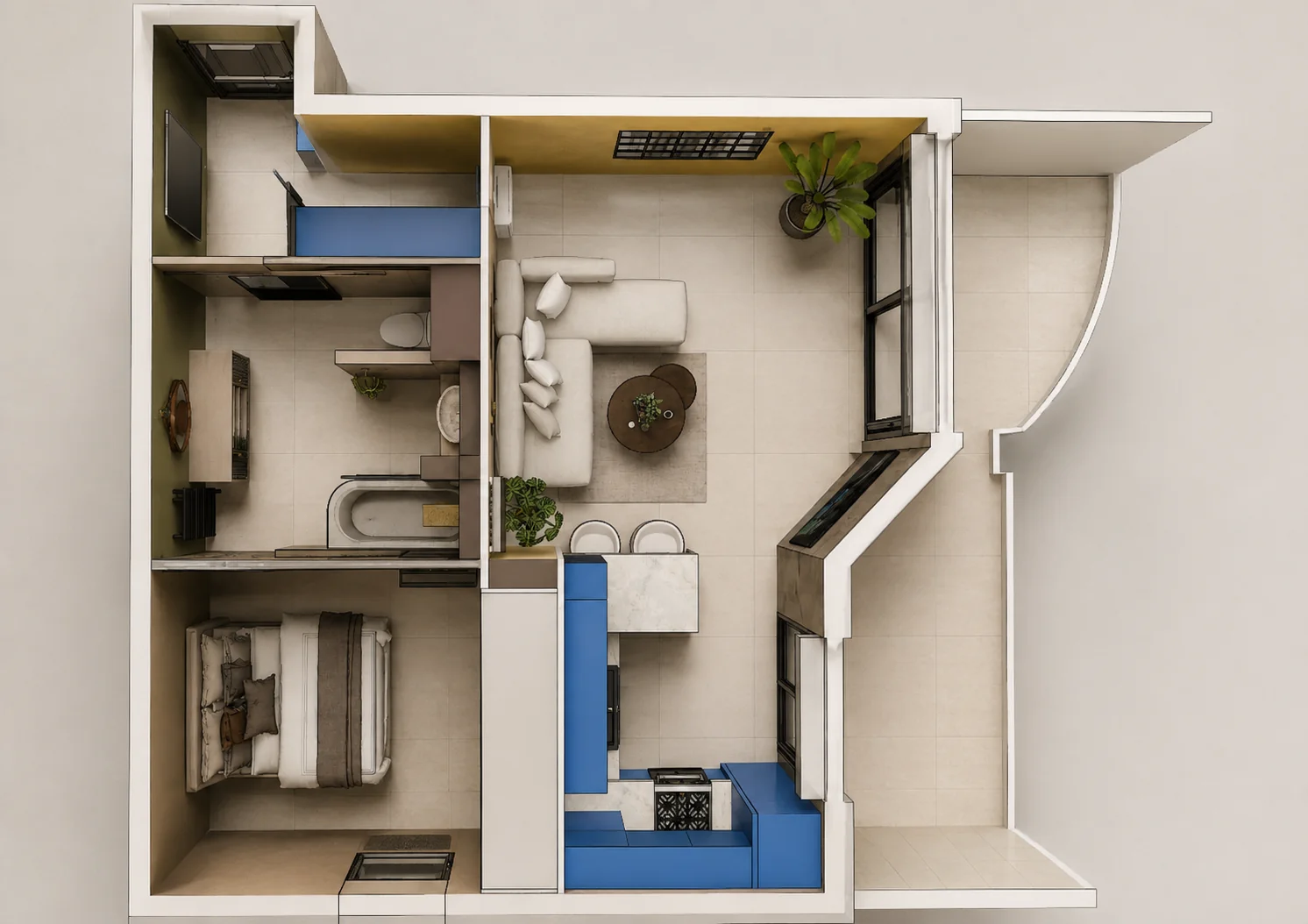 Vue 3D de dessus de l'appartement T2 aménagé, Juan-les-Pins
